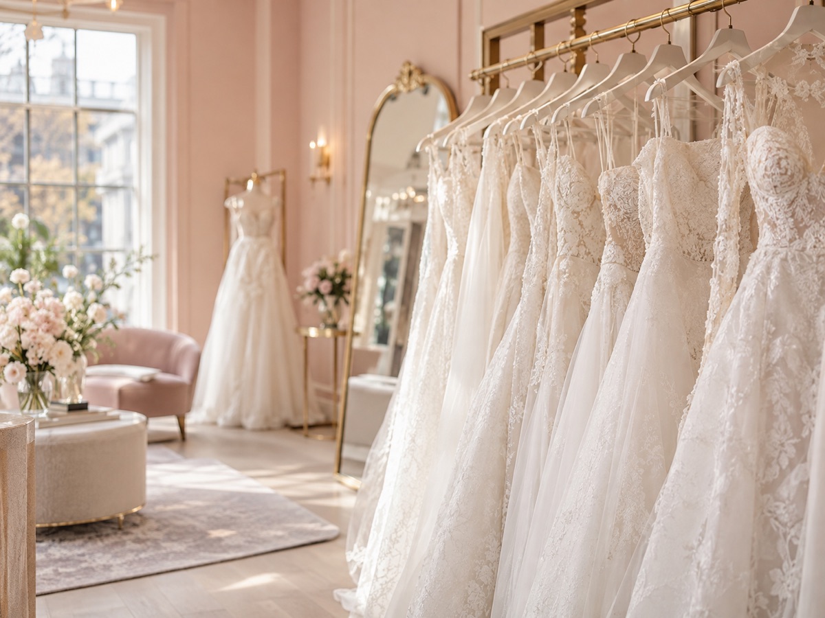 Rack of white wedding gowns
