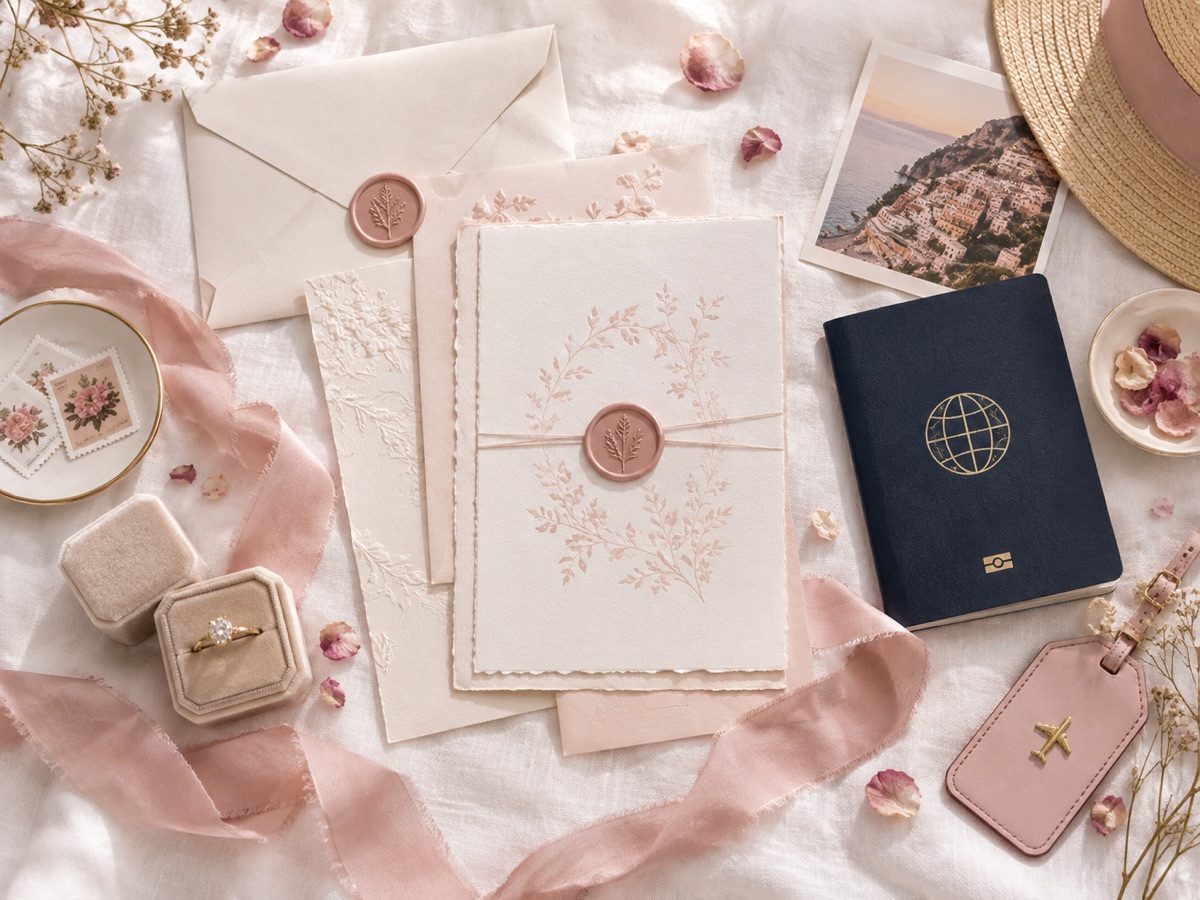Wedding invitations and passport flat lay