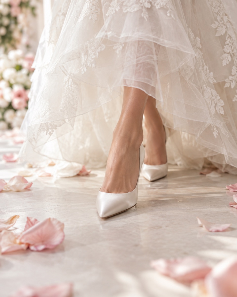 Bride's satin heels and gown hem