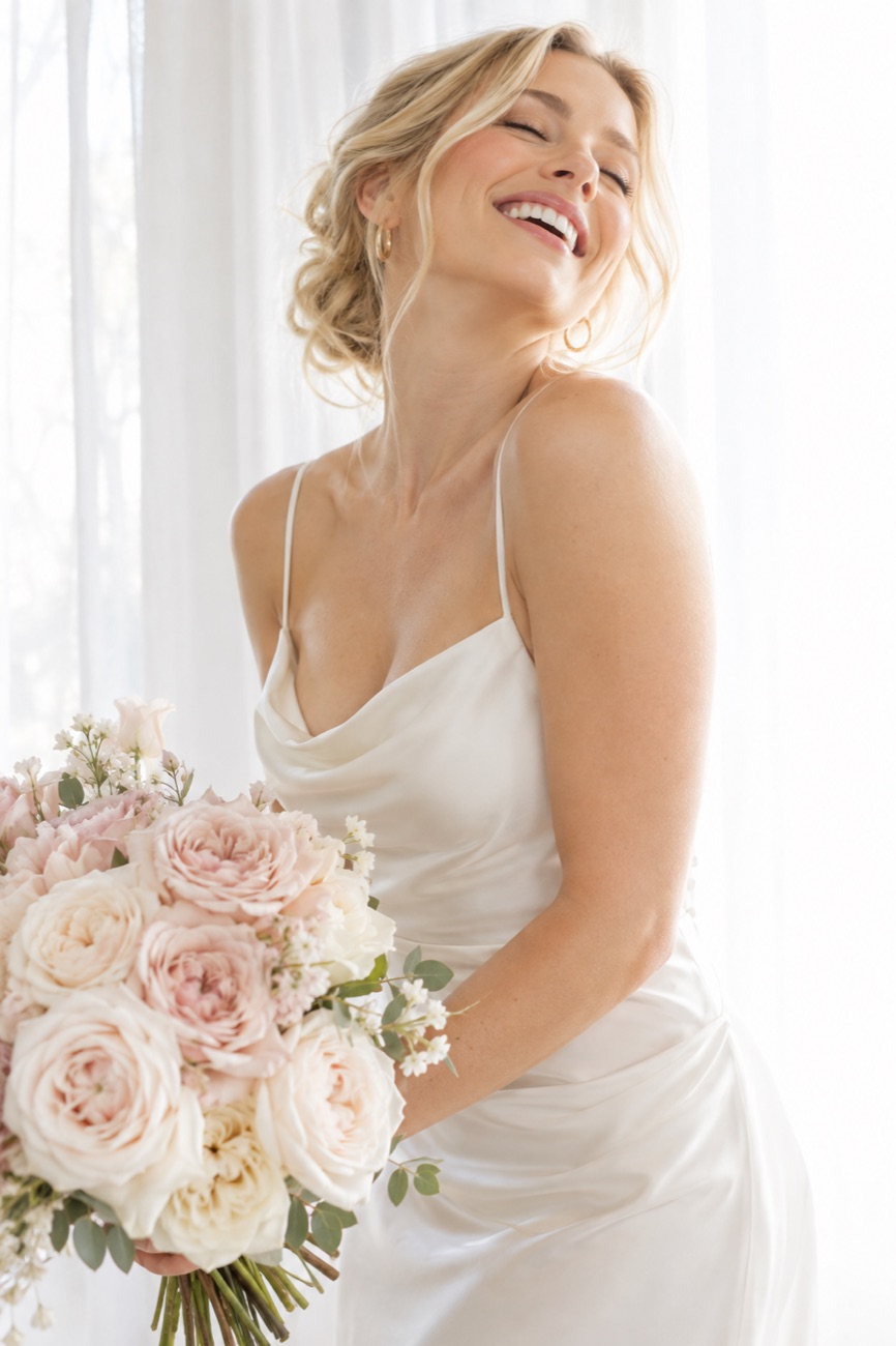 Laughing bride holding a bouquet of pink roses