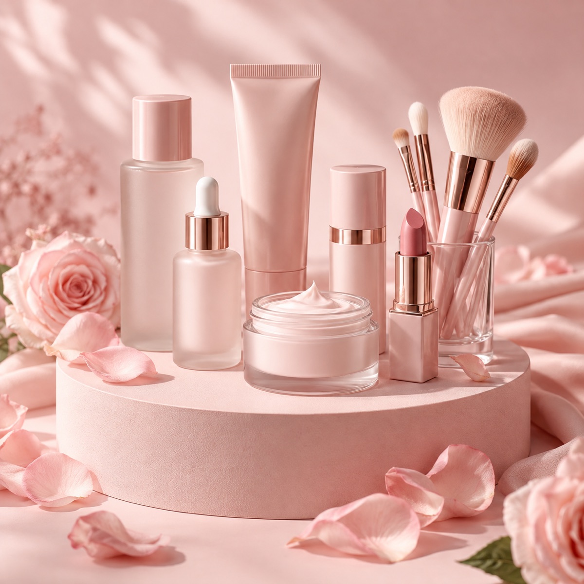 Pink skincare bottles