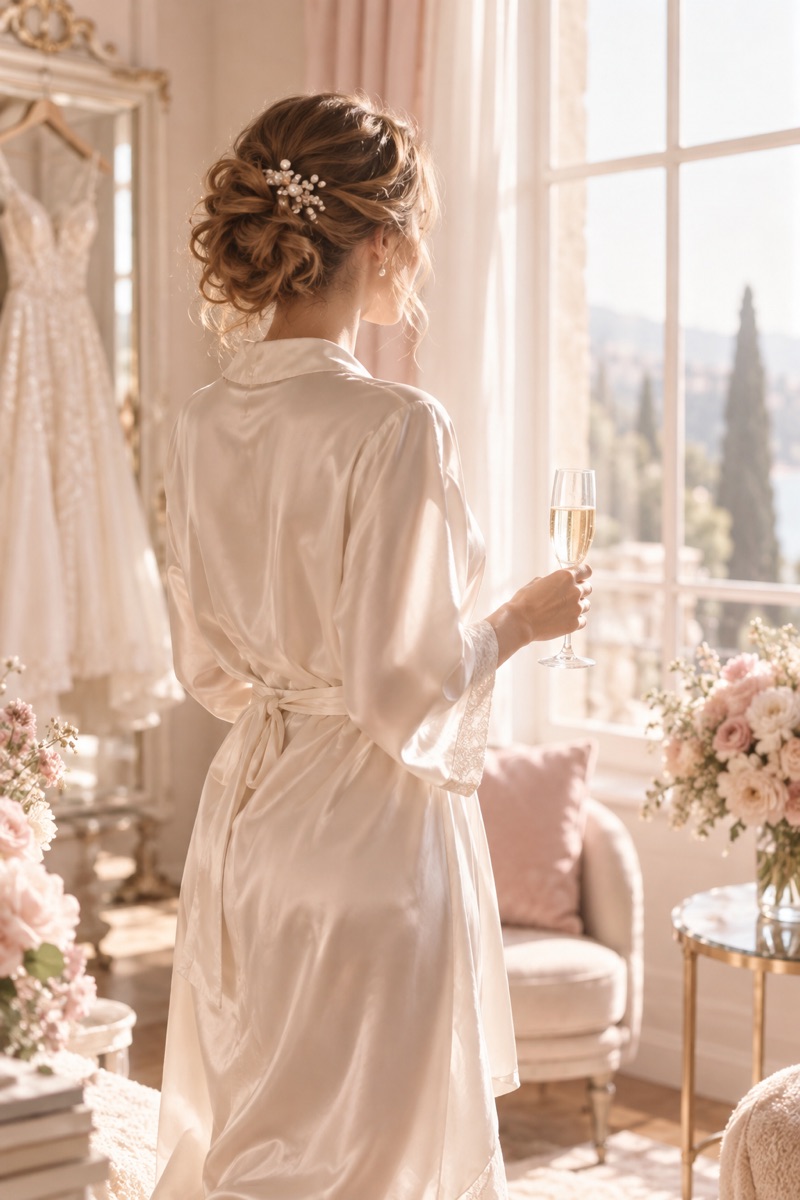 Bride in a satin robe holding champagne